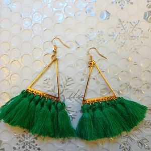 Gold triangle shape with green tassel earrings